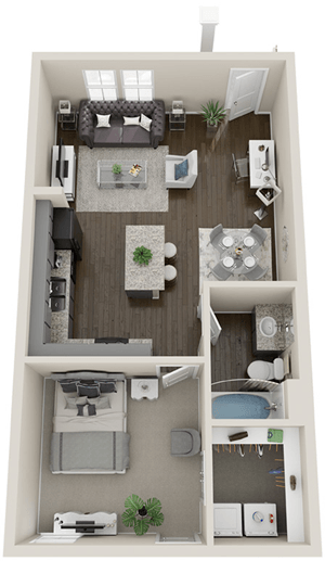 Floor plan for 1 bed, 1 bath, 659 sqft